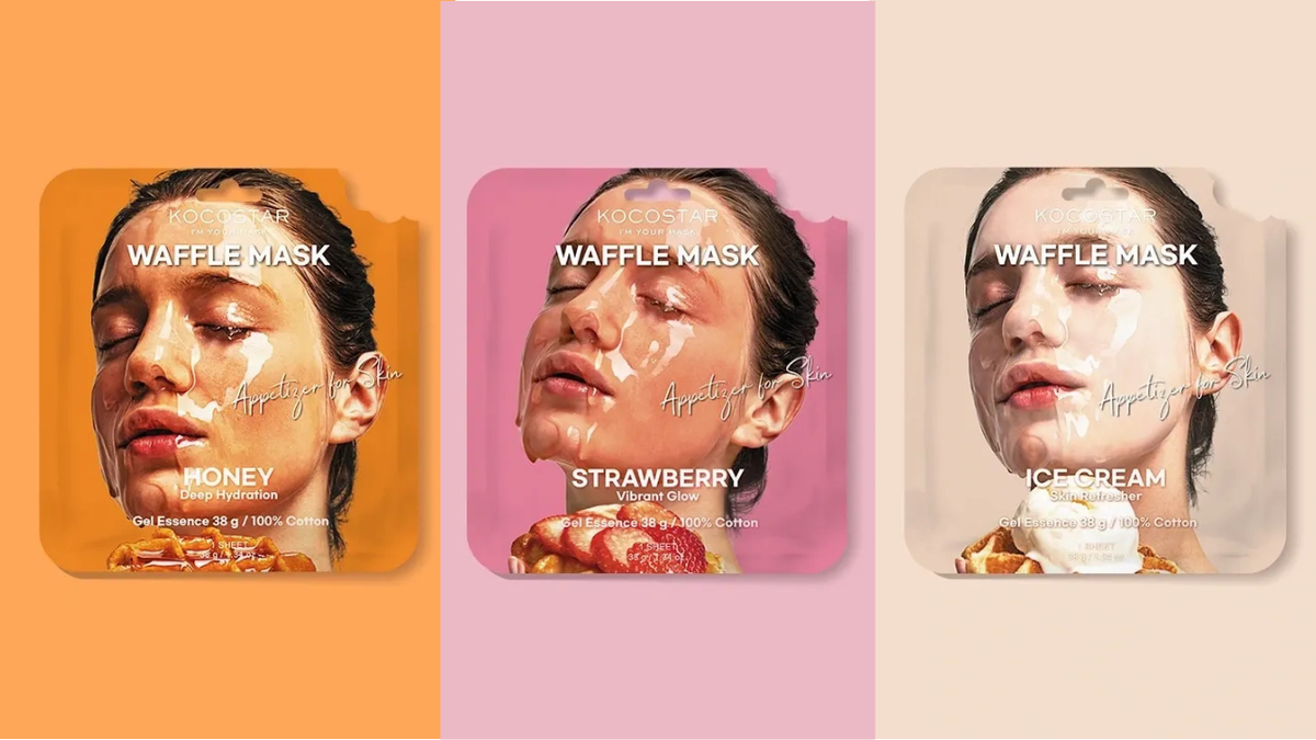 Three waffle masks with different flavors on a pink background